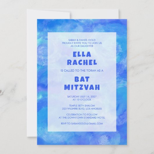 Waterverf Wervelt Blauw Custom Bar Bat Mitzvah Kaart (Voorkant)