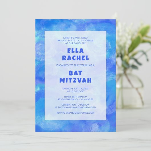 Waterverf Wervelt Blauw Custom Bar Bat Mitzvah Kaart (Staand voorkant)