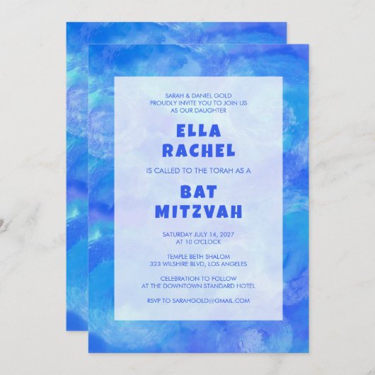 Waterverf Wervelt Blauw Custom Bar Bat Mitzvah Kaart (Voorkant / Achterkant)