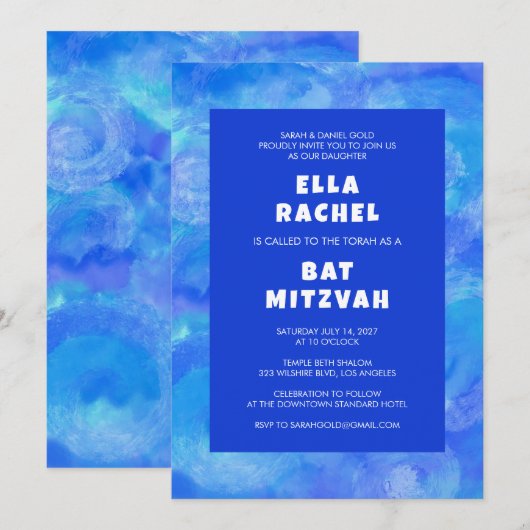 Waterverf Wervelt Blauw Custom Bar Bat Mitzvah Kaart (Voorkant / Achterkant)