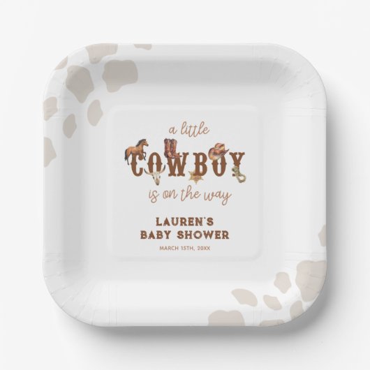 Waterverf Western Little Cowboy Baby shower Papieren Bordje (Voorkant)