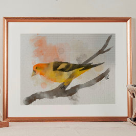 Waterverf Western Tanager Geel Vogeltak Poster