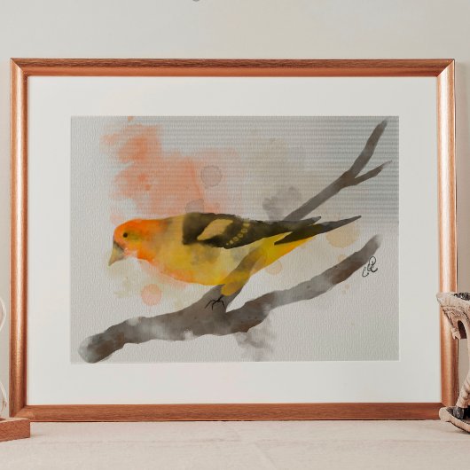 Waterverf Western Tanager Geel Vogeltak Poster