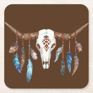 Waterverf Westerne schedel met veren Kartonnen Onderzetters