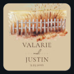 Waterverf Westerne Wheat Wedding Square Sticker<br><div class="desc">Waterverf Wheat Field Western Wedding. De doopvonthoogtepunten van het manuscript met gemakkelijk om de doopvont van de serif naam te lezen. Eenvoudig aan te passen aan je eigen huwelijksbehoeften. Persoonlijke trouwbenodigdheden. Rustic buitenhuwelijk.</div>