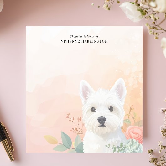 Waterverf Westie Pastel Bloemen gepersonaliseerd Notitieblok
