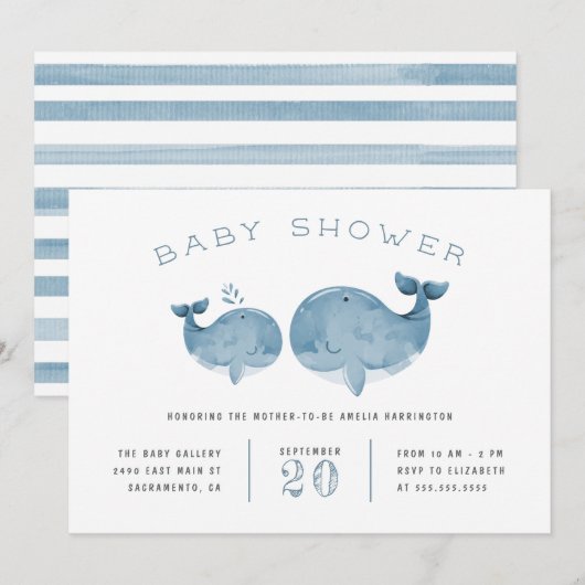 Waterverf Whale Boy's Blue Baby shower Kaart (Voorkant / Achterkant)