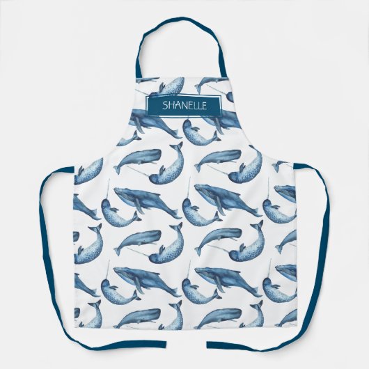 Waterverf Whale en Narwhal Pattern met Naam Schort (Voorkant)