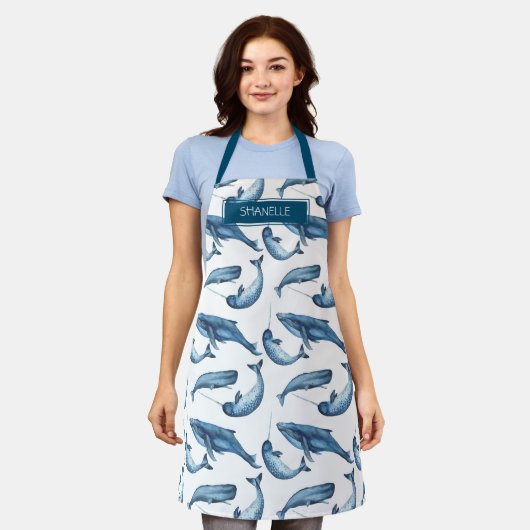 Waterverf Whale en Narwhal Pattern met Naam Schort (Gedragen)