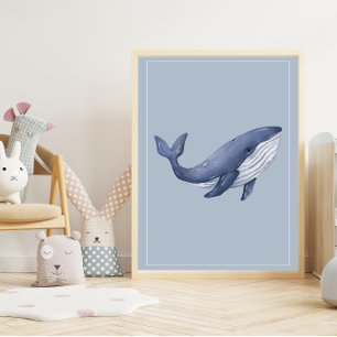 Waterverf Whale op Baby Deep Blue Nursery Art Poster