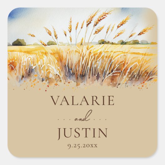 Waterverf Wheat field Wedding Vierkante Sticker (Voorkant)