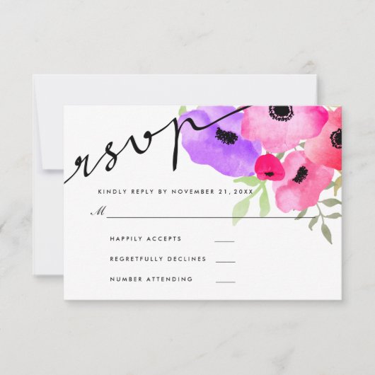 Waterverf Whimsical Bloemenbruiloft RSVP Script Kaartje (Voorkant)