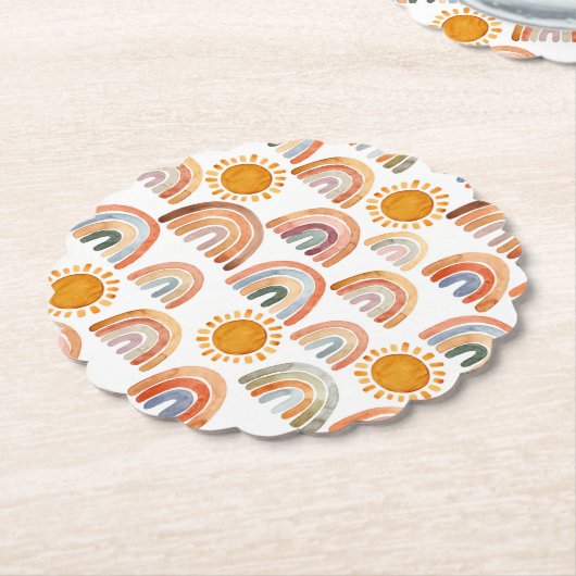 Waterverf Whimsical Boho Rainbow en Sun Kartonnen Onderzetters (Gekanteld)
