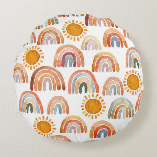 Waterverf Whimsical Boho Rainbow en Sun Rond Kussen