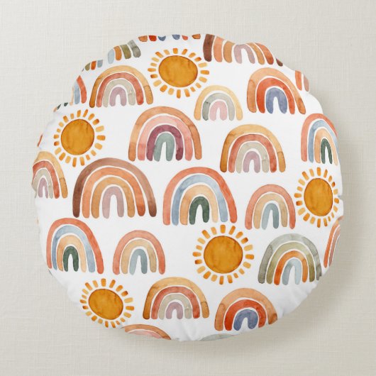 Waterverf Whimsical Boho Rainbow en Sun Rond Kussen (Voorkant)