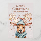 Waterverf Whimsical Christmas Rendier Roos Goud Folie Feestdagenkaart (Voorkant)