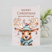 Waterverf Whimsical Christmas Rendier Roos Goud Folie Feestdagenkaart (Staand Voorkant)