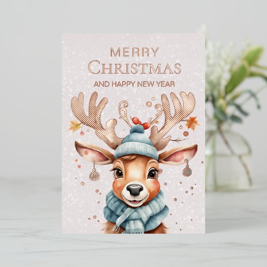 Waterverf Whimsical Christmas Rendier Roos Goud Folie Feestdagenkaart (Staand Voorkant)