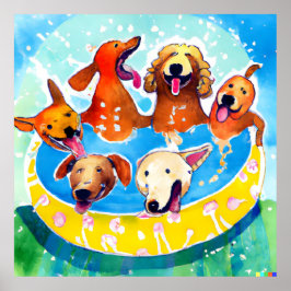 Waterverf Whimsical Dogs Pool Party Square Poster