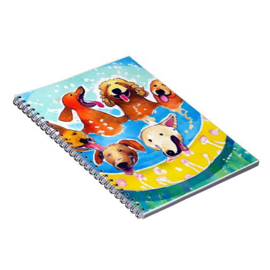 Waterverf Whimsical Dogs Pool Party Square Poster Notitieboek (Rechterzijde)
