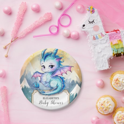 Waterverf Whimsical Dragon Baby shower Papieren Bordje (Feest)