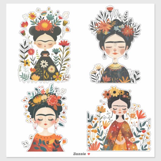 Waterverf Whimsical Frida Kahlo Illustraties Sticker (Vel)