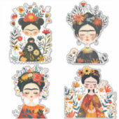 Waterverf Whimsical Frida Kahlo Illustraties Sticker (Voorkant)