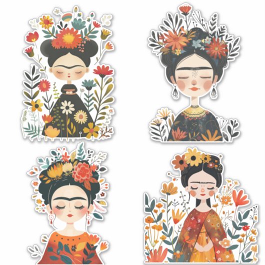 Waterverf Whimsical Frida Kahlo Illustraties Sticker (Voorkant)