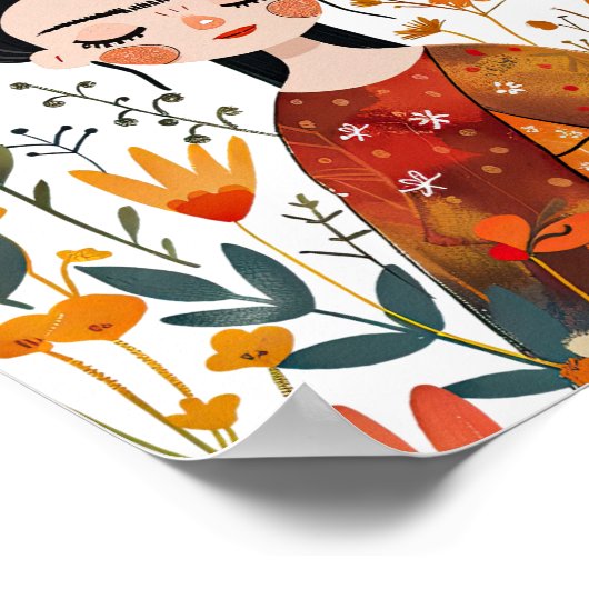 Waterverf Whimsical Frida Kahlo met Bloemen Poster (Hoek)