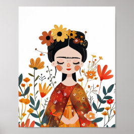 Waterverf Whimsical Frida Kahlo met Bloemen Poster