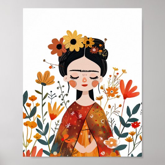 Waterverf Whimsical Frida Kahlo met Bloemen Poster (Voorkant)