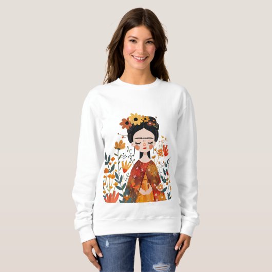Waterverf Whimsical Frida Kahlo met Bloemen Trui (Voorkant volledig)