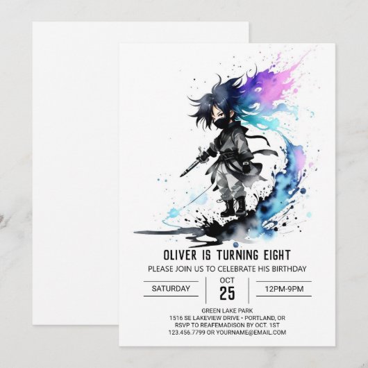 Waterverf Whimsical Ninja Boy Digitale Verjaardag Kaart (Voorkant / Achterkant)