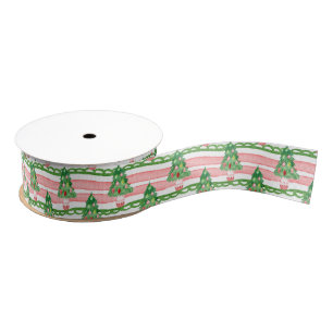 Waterverf Whimsicale Gestreepte Kerstbomen Grosgrain Lint