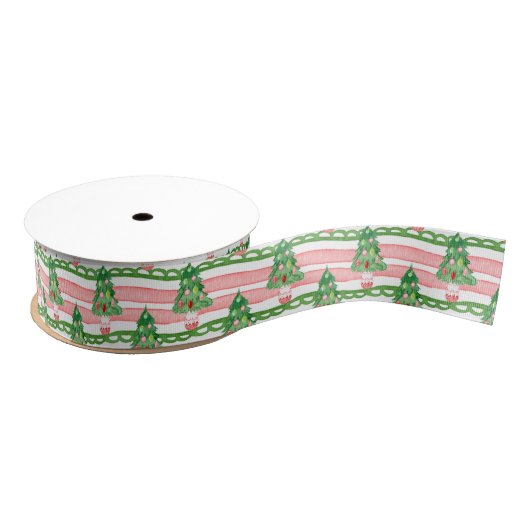 Waterverf Whimsicale Gestreepte Kerstbomen Grosgrain Lint (Spoel)
