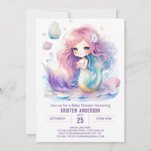 Waterverf Whimsy Mermaid Baby shower Invitation Kaart (Voorkant)