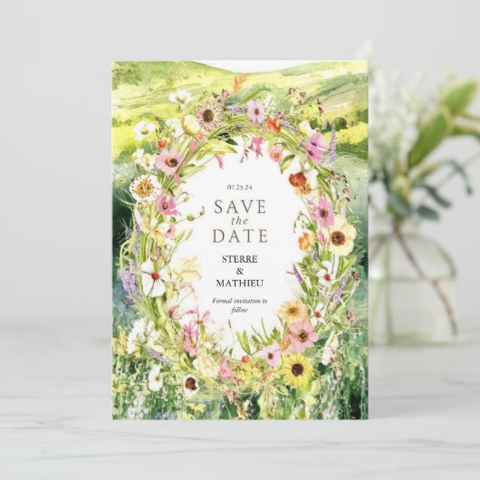 Waterverf Whimsy Wildflower bruiloft Save The Date (Staand voorkant)