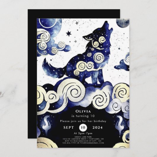 Waterverf Whimsy Wolf Verjaardag Kaart (Voorkant / Achterkant)