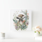 WATERVERF WHIPPET DOG MET WILDE BLOEMEN VIERKANTE KLOK (Huis)