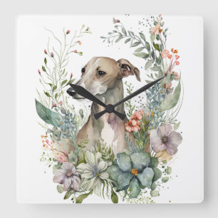 WATERVERF WHIPPET DOG MET WILDE BLOEMEN VIERKANTE KLOK