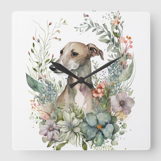 WATERVERF WHIPPET DOG MET WILDE BLOEMEN VIERKANTE KLOK (Voorkant)