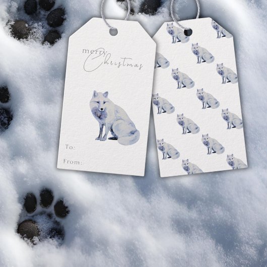 Waterverf White Arctic Fox Christmas Cadeaulabel