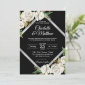 Waterverf White Black Floral Wedding Invitation Kaart (Staand voorkant)