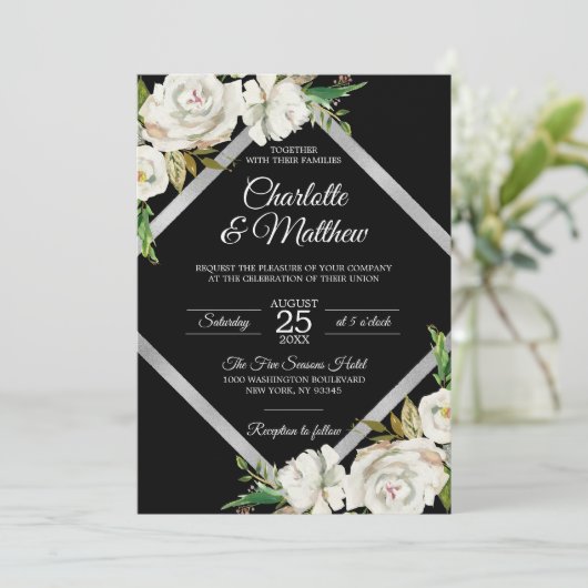 Waterverf White Black Floral Wedding Invitation Kaart (Staand voorkant)