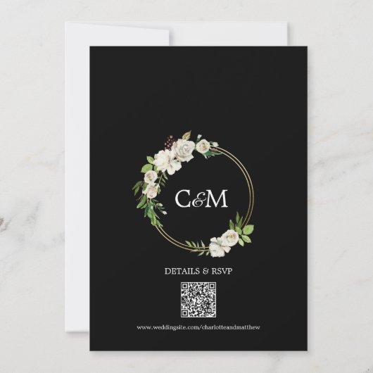 Waterverf White Black Floral Wedding Invitation Kaart (Achterkant)