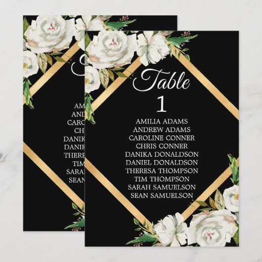 Waterverf White Black Gold Floral Wedding Kaart (Voorkant / Achterkant)