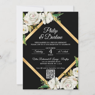 Waterverf White Black Gold Floral Wedding QR code Kaart