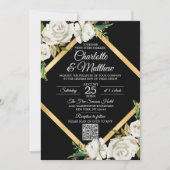 Waterverf White Black Gold Floral Wedding QR code Kaart (Voorkant)