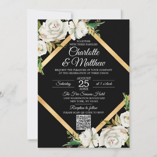 Waterverf White Black Gold Floral Wedding QR code Kaart (Voorkant)
