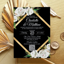 Waterverf White Black Gold Floral Wedding QR code
